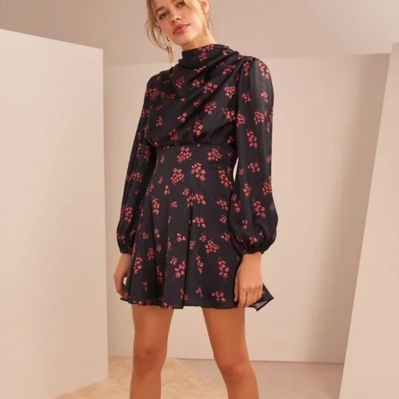 Keepsake Infinity Long Sleeve Satin Mini Dress Black with Pomegranate Ditsy Size - Picture 4 of 14